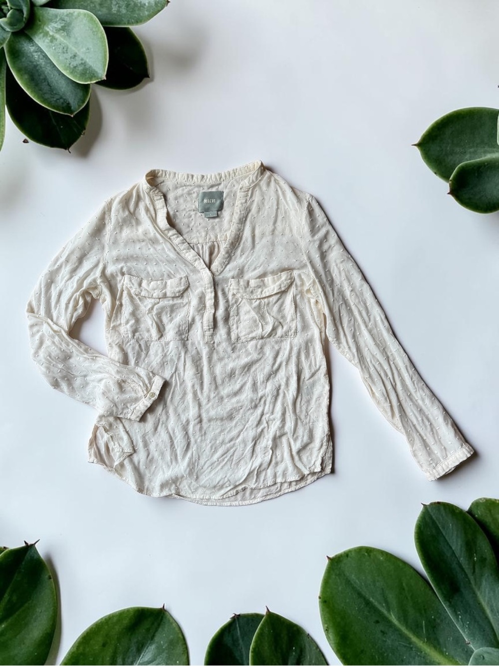 Anthropologie Maeve Cream Long Sleeve Textured V-Neck Blouse